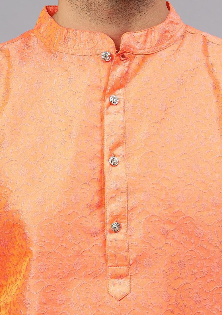 Peach Woven Design Silk Kurta Set For Men - Indya