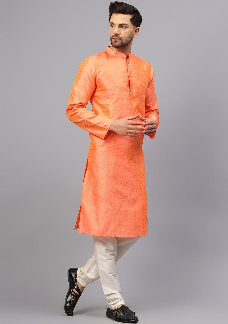 Peach Woven Design Silk Kurta Set For Men - Indya