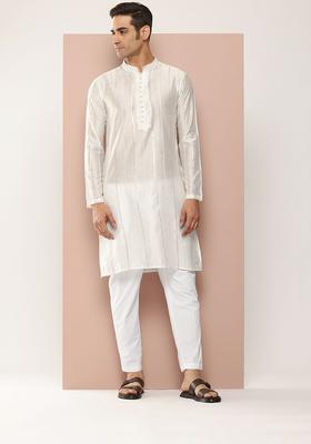 Off White Embroidered Silk Kurta Set For Men