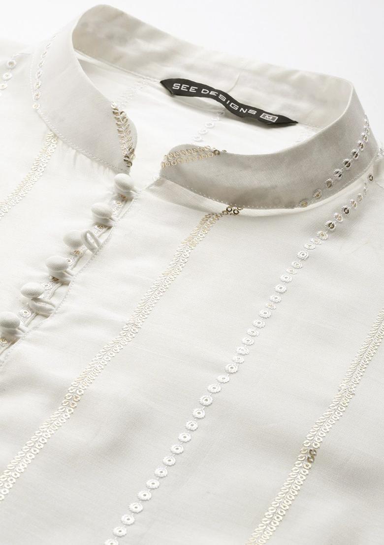 Off White Embroidered Silk Kurta Set For Men - Indya
