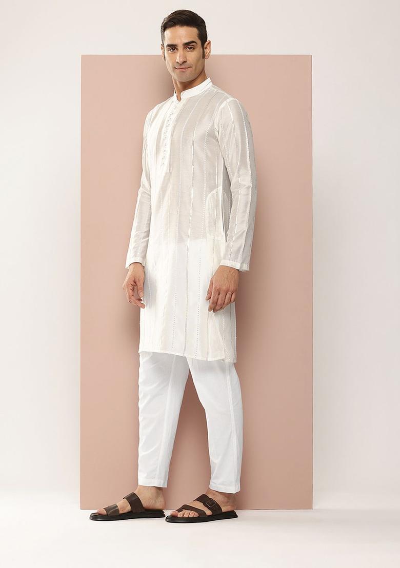 Off White Embroidered Silk Kurta Set For Men - Indya