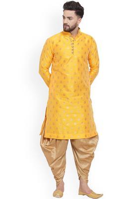 Yellow Woven Design Silk Kurta Set For Men