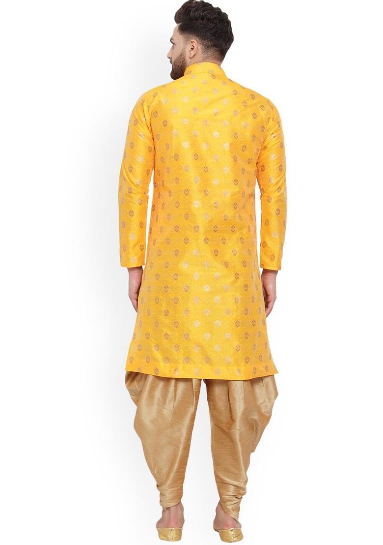 Yellow Woven Design Silk Kurta Set For Men - Indya