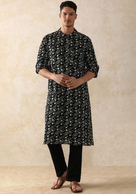 Black Printed Cotton Kurta Set For Men