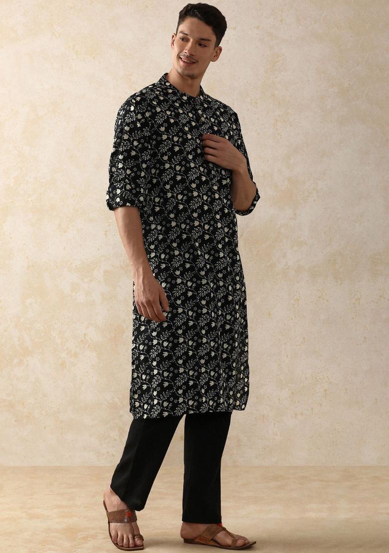 Black Printed Cotton Kurta Set For Men - Indya
