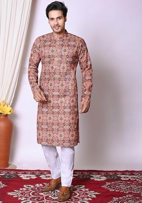 Brown Embroidered Cotton Kurta Set For Men