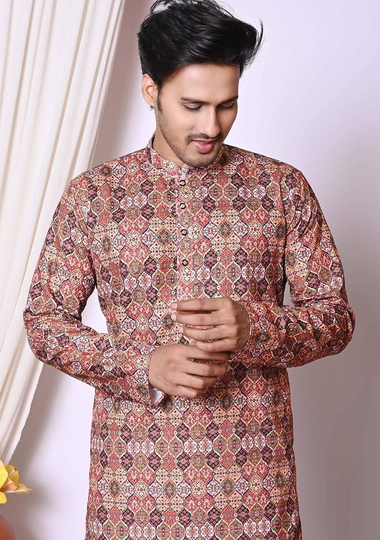 Brown Embroidered Cotton Kurta Set For Men - Indya