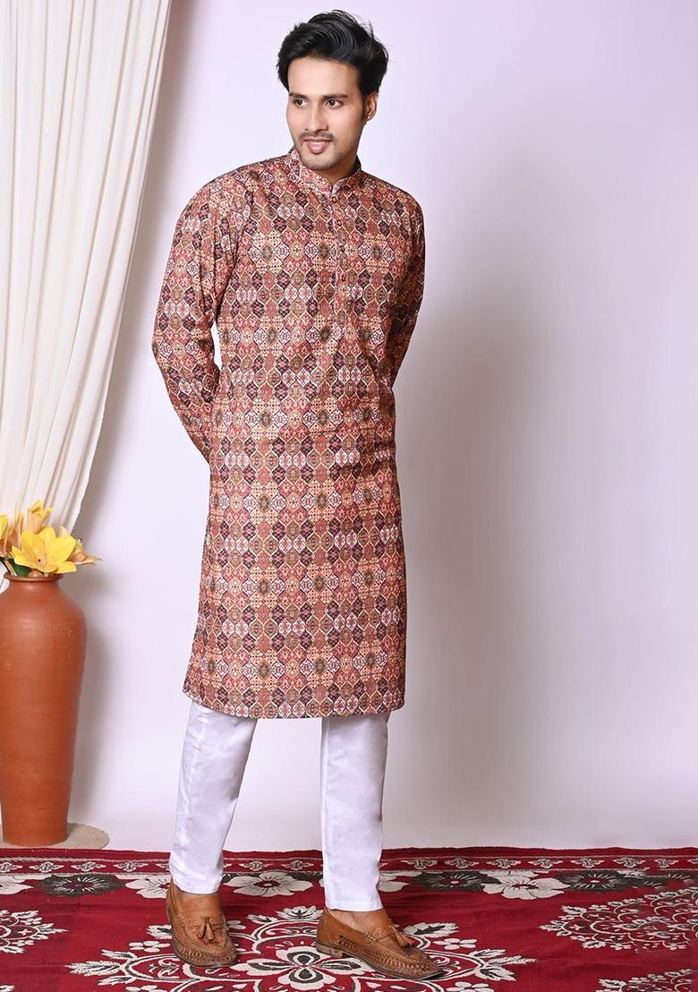Brown Embroidered Cotton Kurta Set For Men - Indya