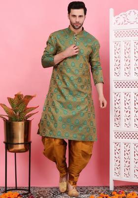 Green Woven Design Silk Kurta Set For Men