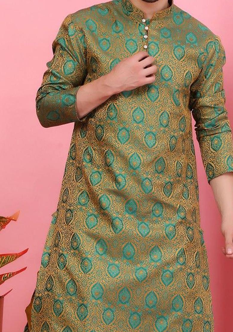 Green Woven Design Silk Kurta Set For Men - Indya