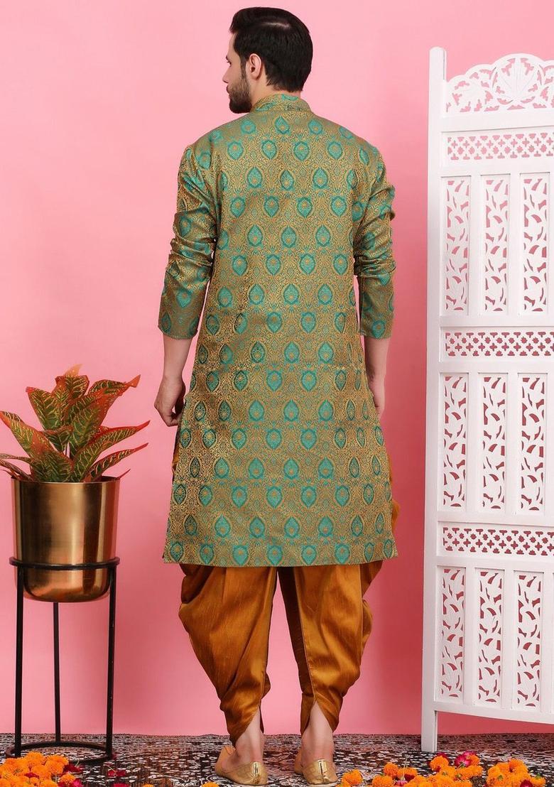 Green Woven Design Silk Kurta Set For Men - Indya