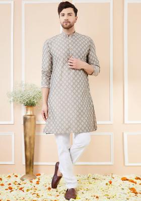 Grey Woven Design Silk Kurta Set For Men