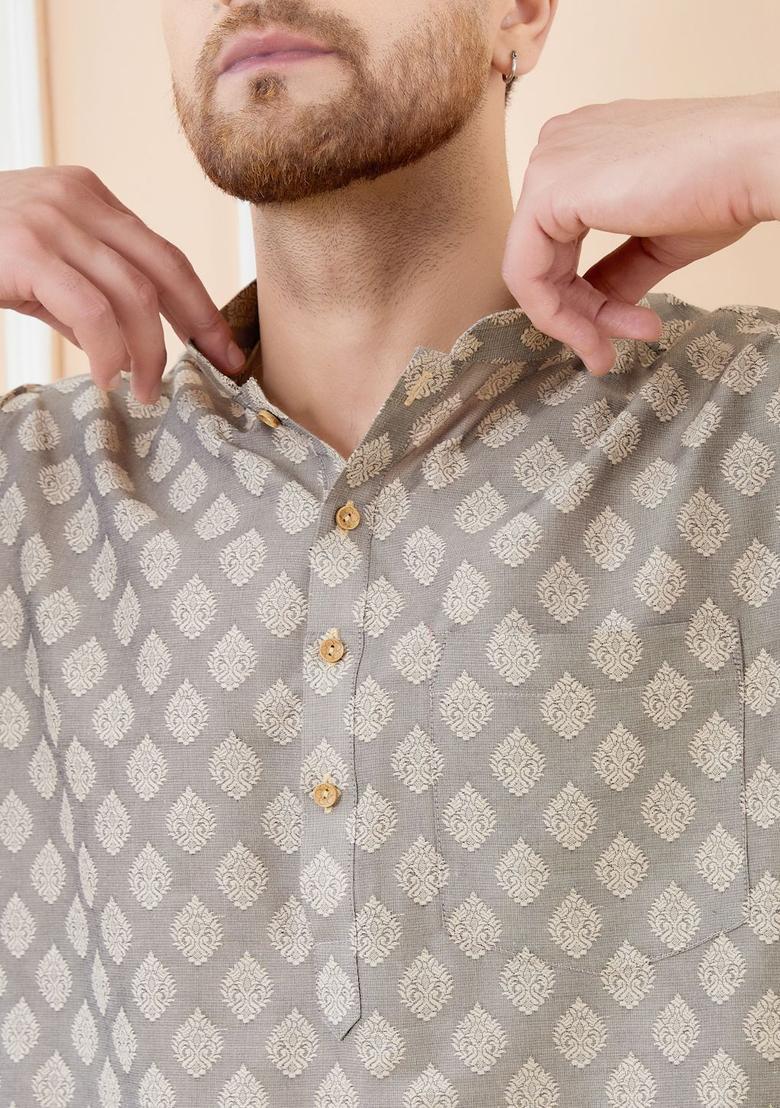 Grey Woven Design Silk Kurta Set For Men - Indya