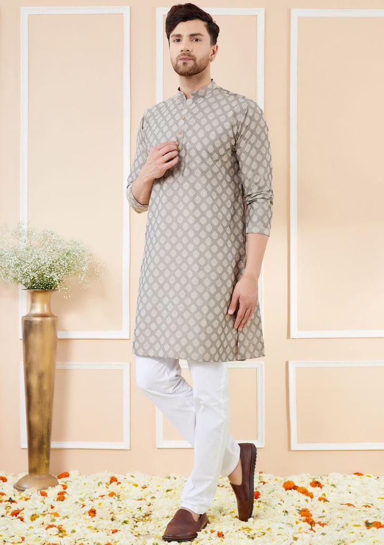 Grey Woven Design Silk Kurta Set For Men - Indya