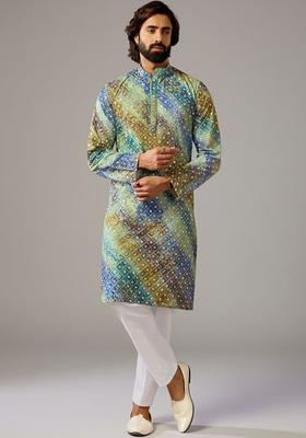 Green Dyed Polyester Kurta Set For Men