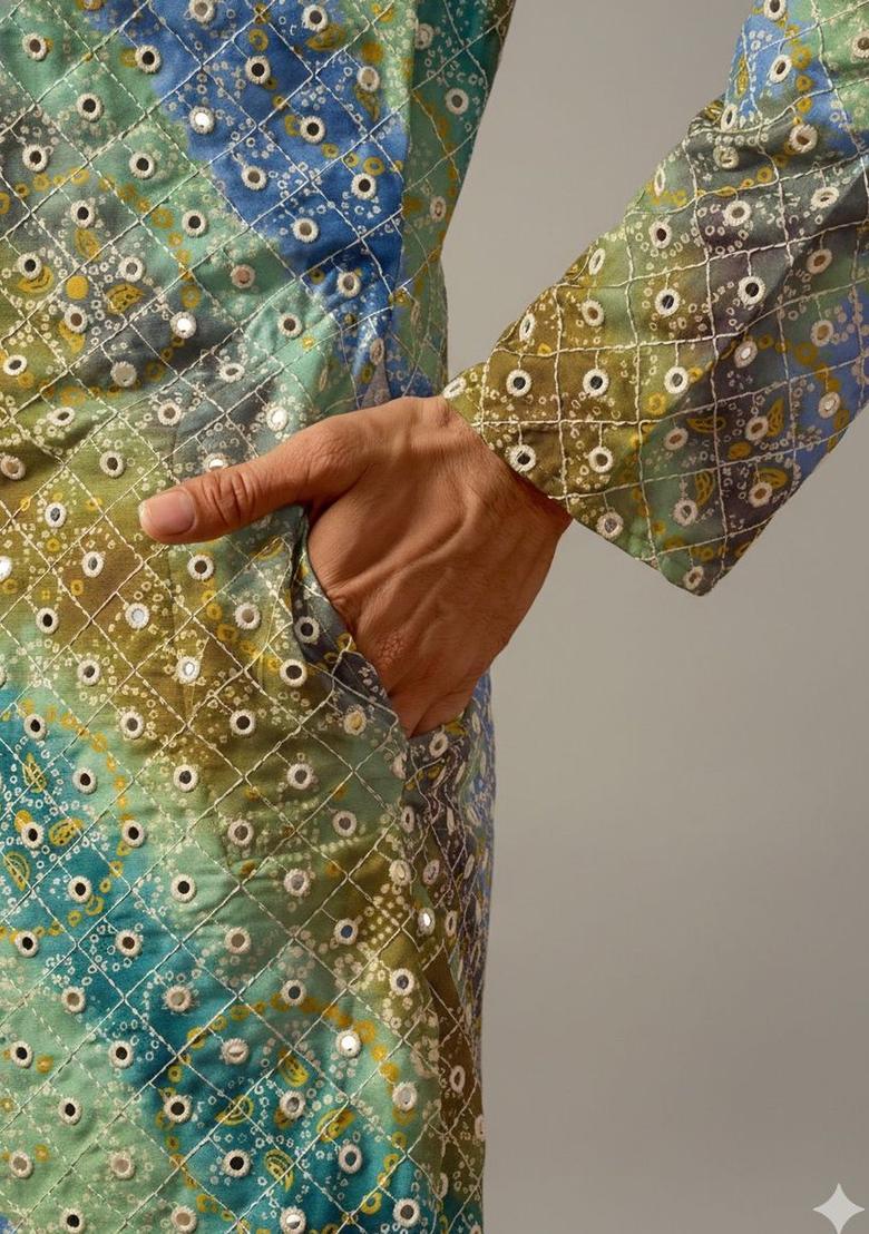 Green Dyed Polyester Kurta Set For Men - Indya