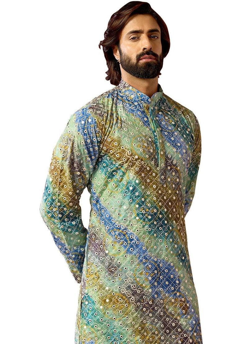 Green Dyed Polyester Kurta Set For Men - Indya