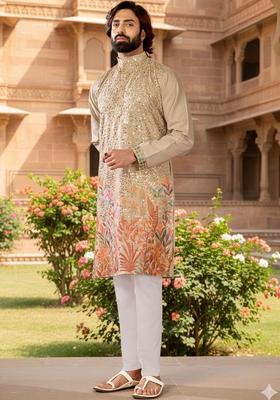 Beige Embroidered Silk Blend Kurta Set For Men