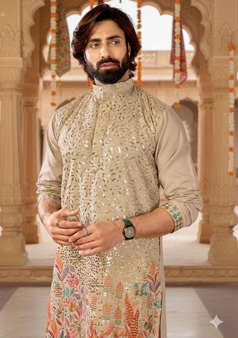 Beige Embroidered Silk Kurta Set For Men - Indya