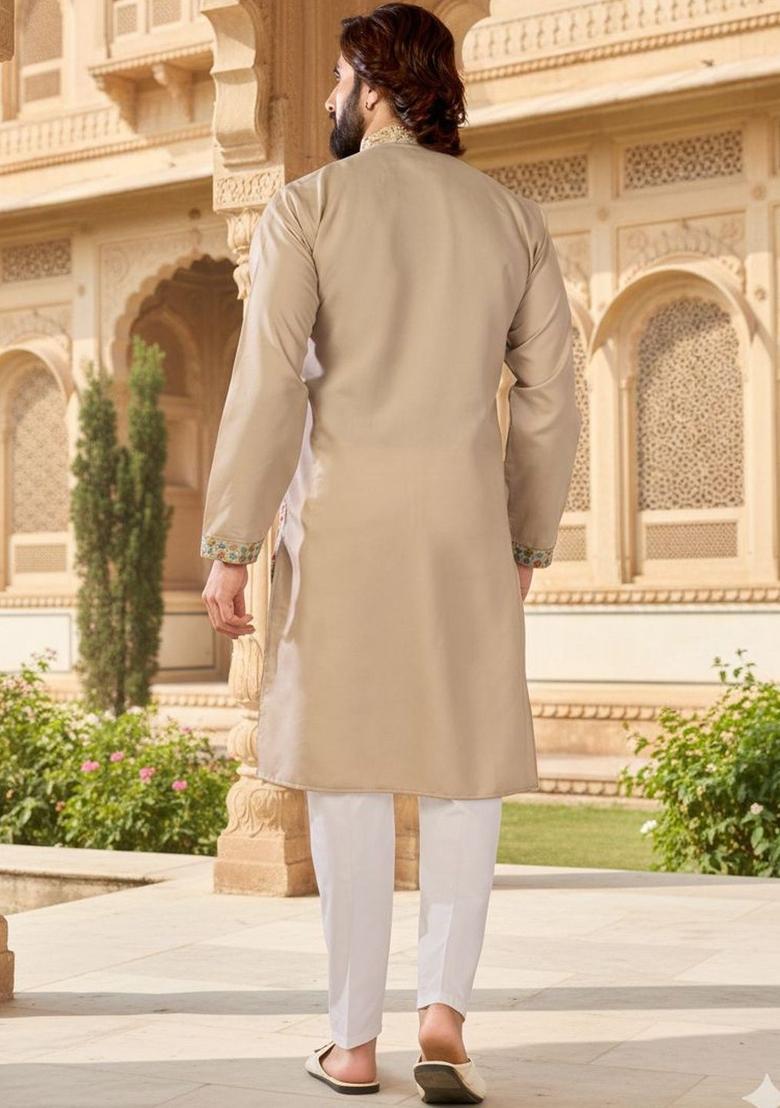 Beige Embroidered Silk Kurta Set For Men - Indya