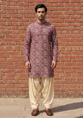 Maroon Printed Cotton Kurta Set For Men