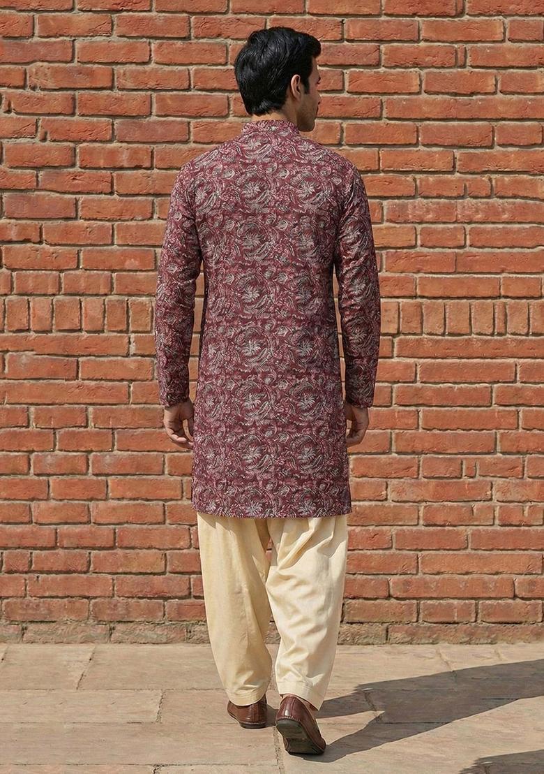 Maroon Printed Cotton Kurta Set For Men - Indya