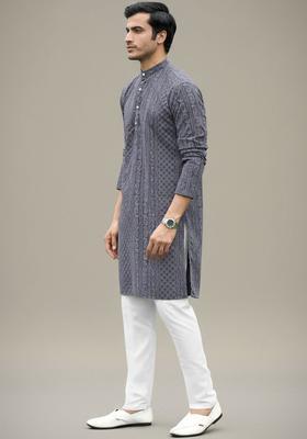 Grey Embroidered Cotton Kurta Set For Men