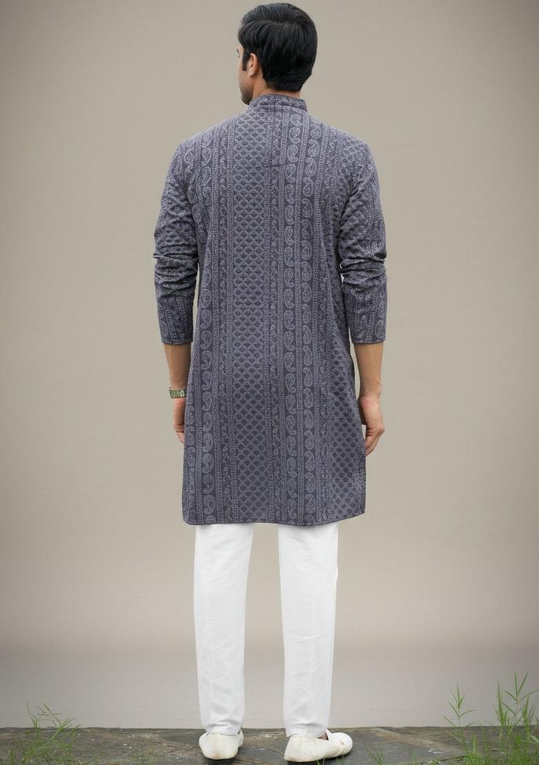 Grey Embroidered Cotton Kurta Set For Men - Indya