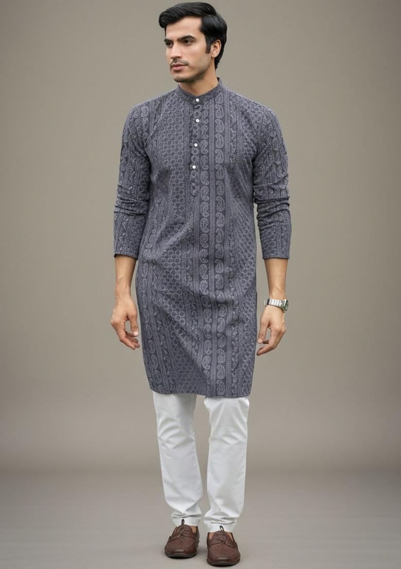 Grey Embroidered Cotton Kurta Set For Men - Indya