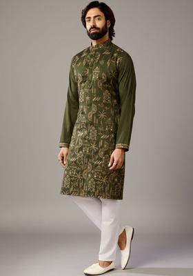 Olive Embroidered Silk Kurta Set For Men