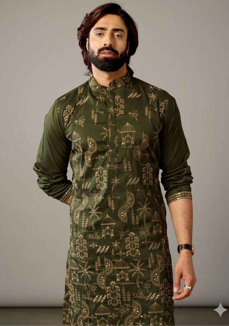 Olive Embroidered Silk Kurta Set For Men - Indya