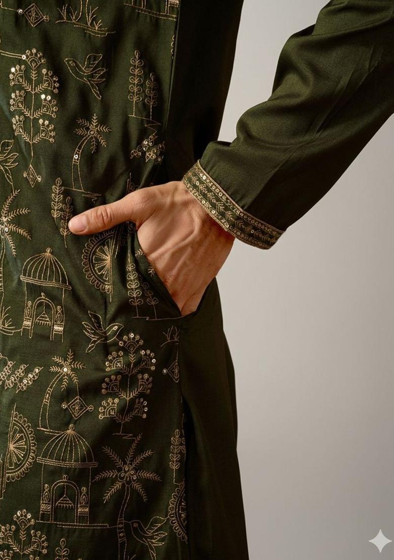 Olive Embroidered Silk Kurta Set For Men - Indya