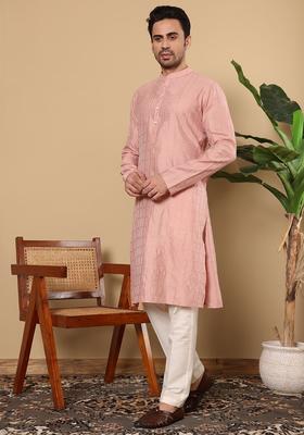 Pink Embroidered Silk Kurta Set For Men