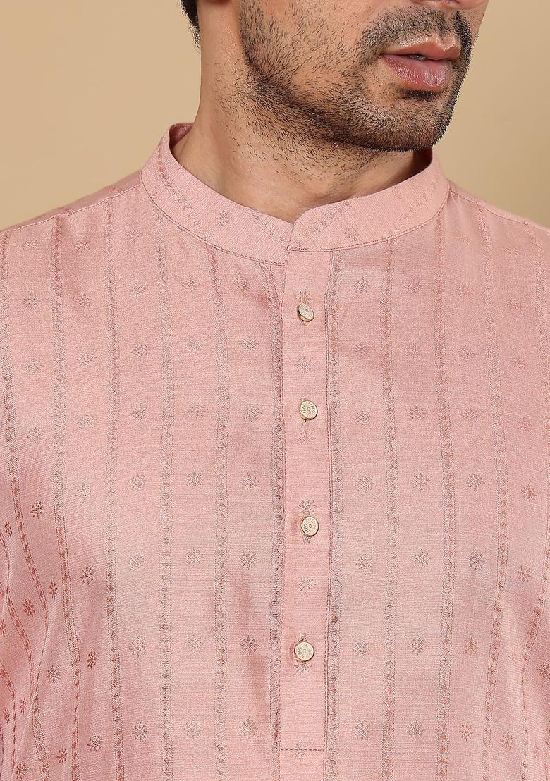 Pink Embroidered Silk Kurta Set For Men - Indya