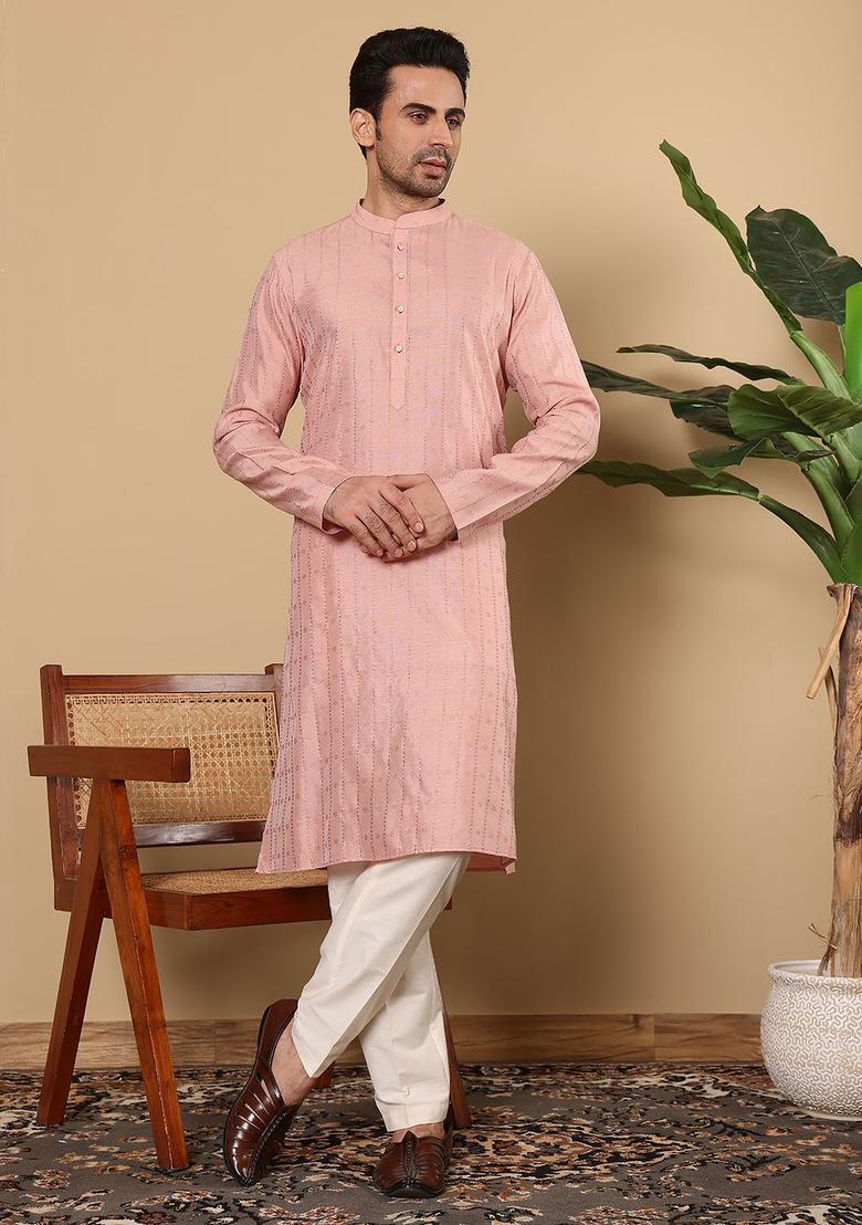 Pink Embroidered Silk Kurta Set For Men - Indya