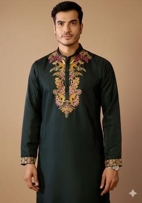 Green Embroidered Silk Kurta Set For Men