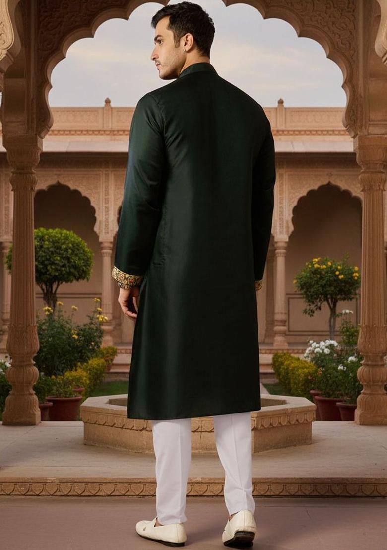 Green Embroidered Silk Kurta Set For Men - Indya