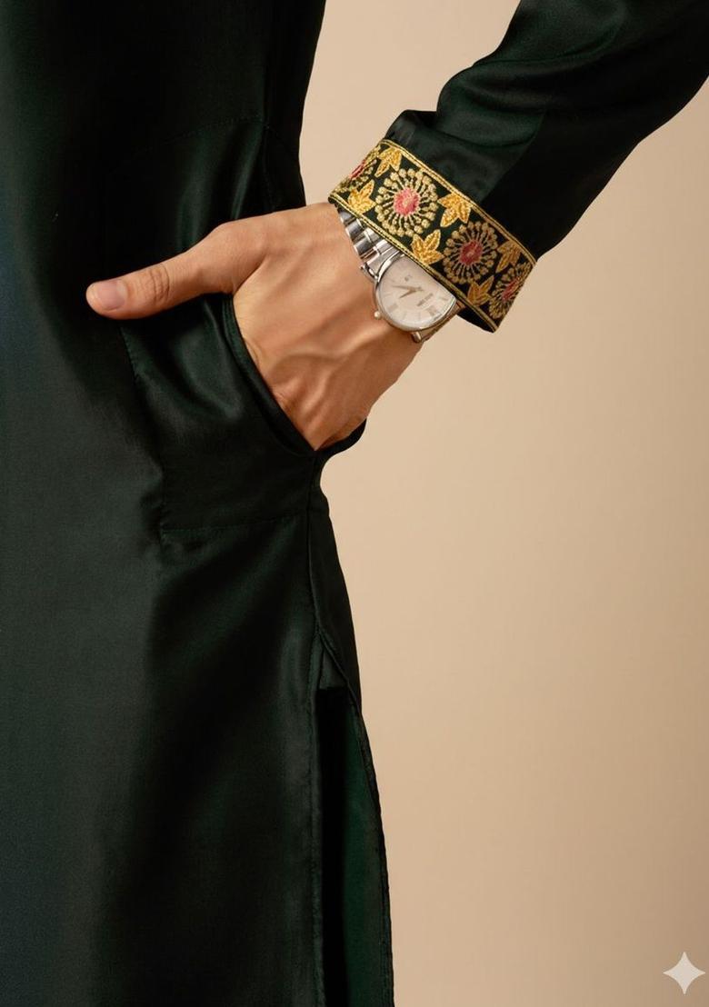 Green Embroidered Silk Kurta Set For Men - Indya