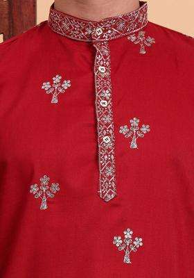 Red Embroidered Cotton Kurta Set For Men