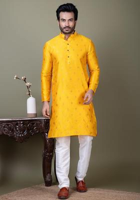 Yellow Embroidered Silk Kurta Set For Men
