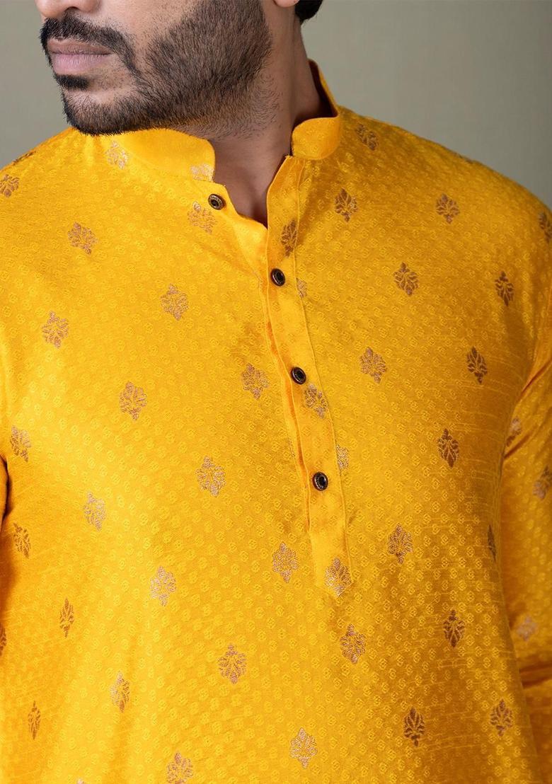 Yellow Embroidered Silk Kurta Set For Men - Indya