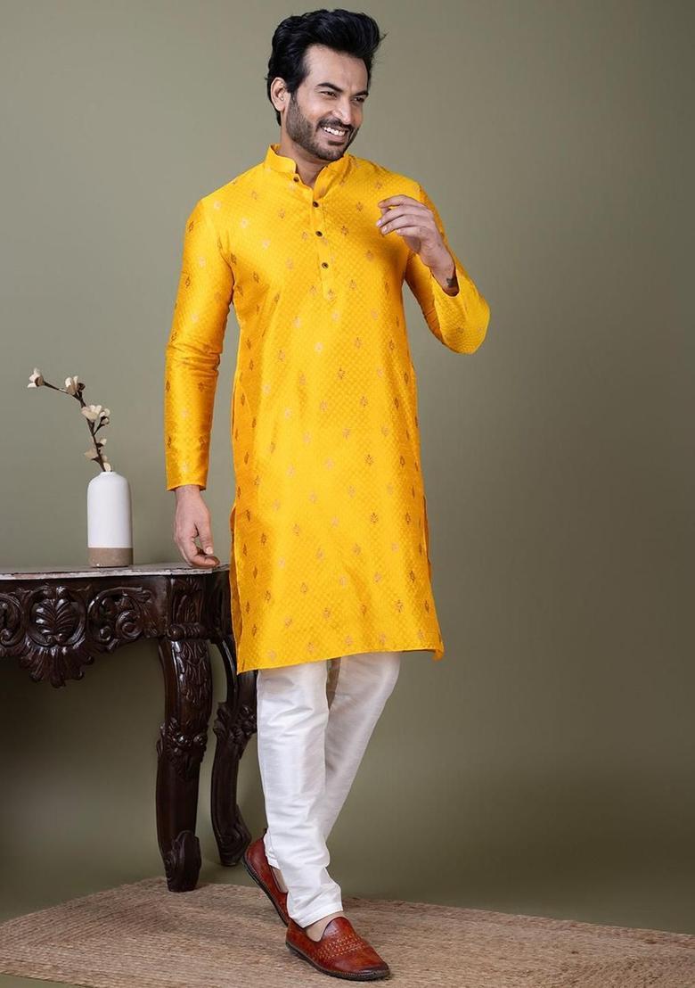 Yellow Embroidered Silk Kurta Set For Men - Indya