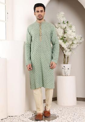 Sea Green Woven Design Cotton Kurta Set For Men