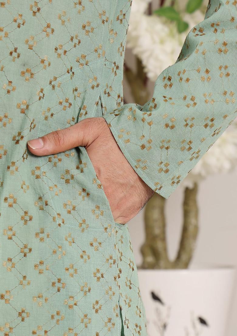 Sea Green Woven Design Cotton Kurta Set For Men - Indya