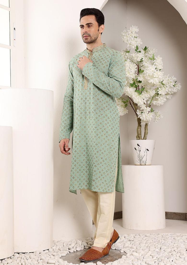 Sea Green Woven Design Cotton Kurta Set For Men - Indya