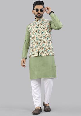 Olive Solid Cotton Kurta Set For Men