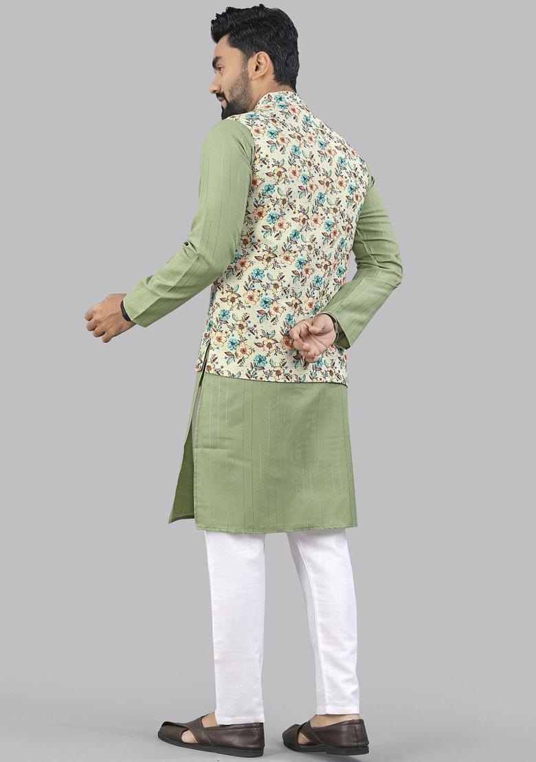 Olive Solid Cotton Kurta Set For Men - Indya