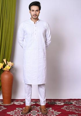White Embroidered Cotton Kurta Set For Men