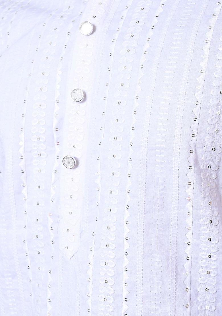White Embroidered Cotton Kurta Set For Men - Indya