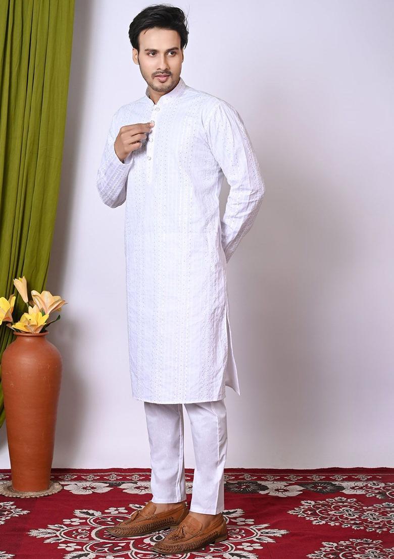 White Embroidered Cotton Kurta Set For Men - Indya